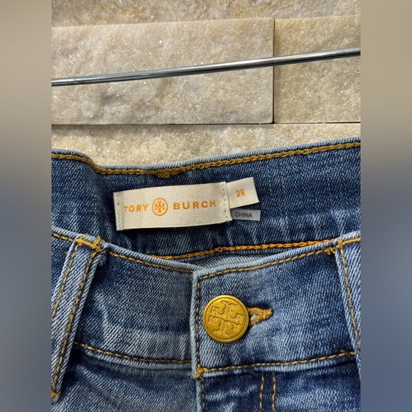 Tory Burch Myers Cropped Ankle Denim Jeans | Fray Hem | Embroidered | Size 28 - Picture 4 of 12